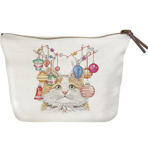 Cat Holiday Antlers Canvas Pouch